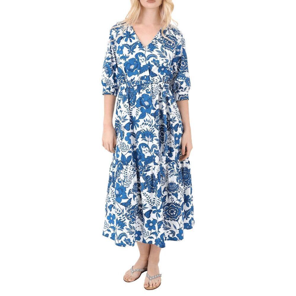 Zingara Blue White Floral Half Sleeve Midi Tea Dress Women's Size Small